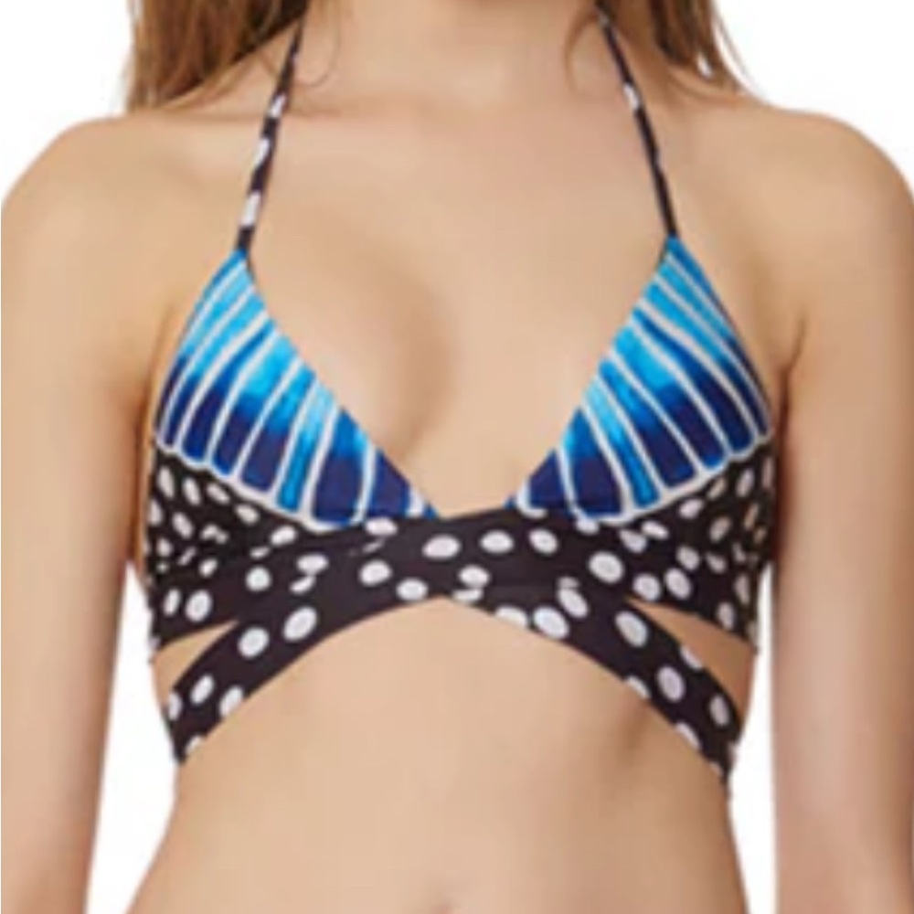 ISO Mara Hoffman Blue & Black Polka Wrap Halter Bikini Top